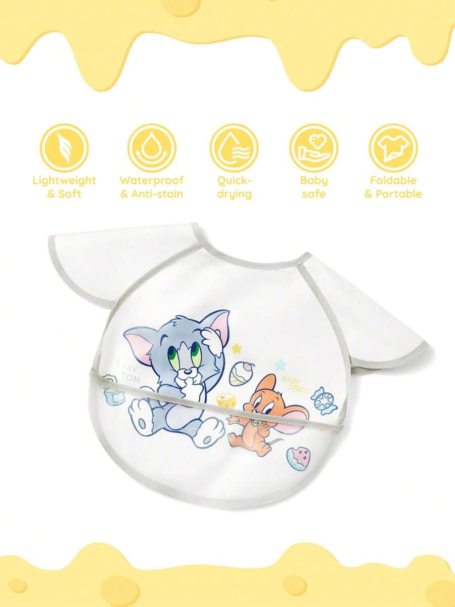 TOM & JERRY X SHEIN Yếm chống thấm nước chống dầu cho bé từ 0-2 tuổi, chất liệu TPU họa tiết hoạt hình mèo và chuột dễ thương, màu trắng, phù hợp cho bé trai và bé gái, lý tưởng để cho bé ăn, siêu mềm, nhẹ và có thể gấp lại, di động - trắng - Xem 1
