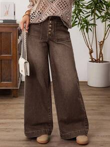 EMERY ROSE Plus Size Casual Everyday Washed Button Fly Wide Leg Jeans, Autumn - Coffee Brown - View 1