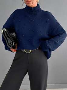 EURMUSE Sweter damski w dużym rozmiarze, luźny, na co dzień, do pracy, prosty, w jednolitym kolorze, z wysokim kołnierzem, zdobiony sztucznymi perłami, z opadającymi ramionami, jesień/zima