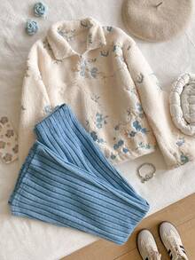 2pcs Girls Casual Autumn/Winter Set, Half-Zip High Neck Sherpa Embroidered Sweatshirt + Elastic Waist Knit Flare Pants - White - View 5