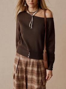 Chiquease Jersey de punto con hombro asimétrico descubierto, manga farol, jersey de mujer de otoño/invierno, jersey casual vintage con decoración de botones - Café integral - Ver 6