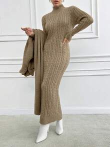 EURMUSE Women's Minimalist Solid Color Cable Knit Turtleneck Sweater Dress And Cardigan, Autumn/Winter - Mocha Brown - View 5