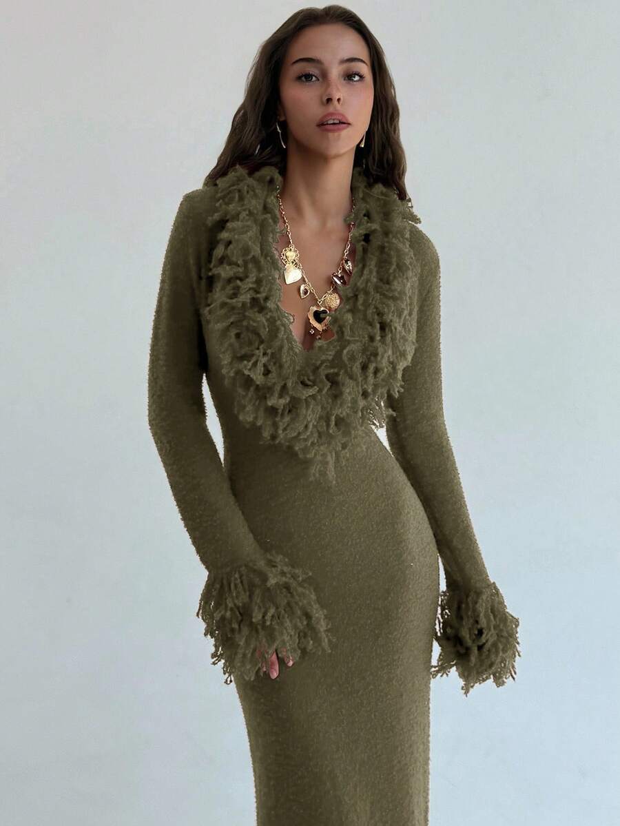 Aloruh Váy len dệt kim dáng ôm dài cổ chữ V tua rua chắp vá viền loe cho nữ vào mùa thu/đông - xanh quân đội - Xem 1