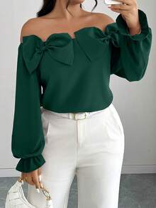 Elenzga Plus Size Solid Color Bow Decor Elegant Long Sleeve Shirt Fall - Dark Green - View 3