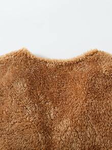 SHEIN Tween Girls Casual Basic Fuzzy V-Neck Drop Shoulder Mid-Length Cardigan, Autumn/Winter - Coffee Brown - View 4
