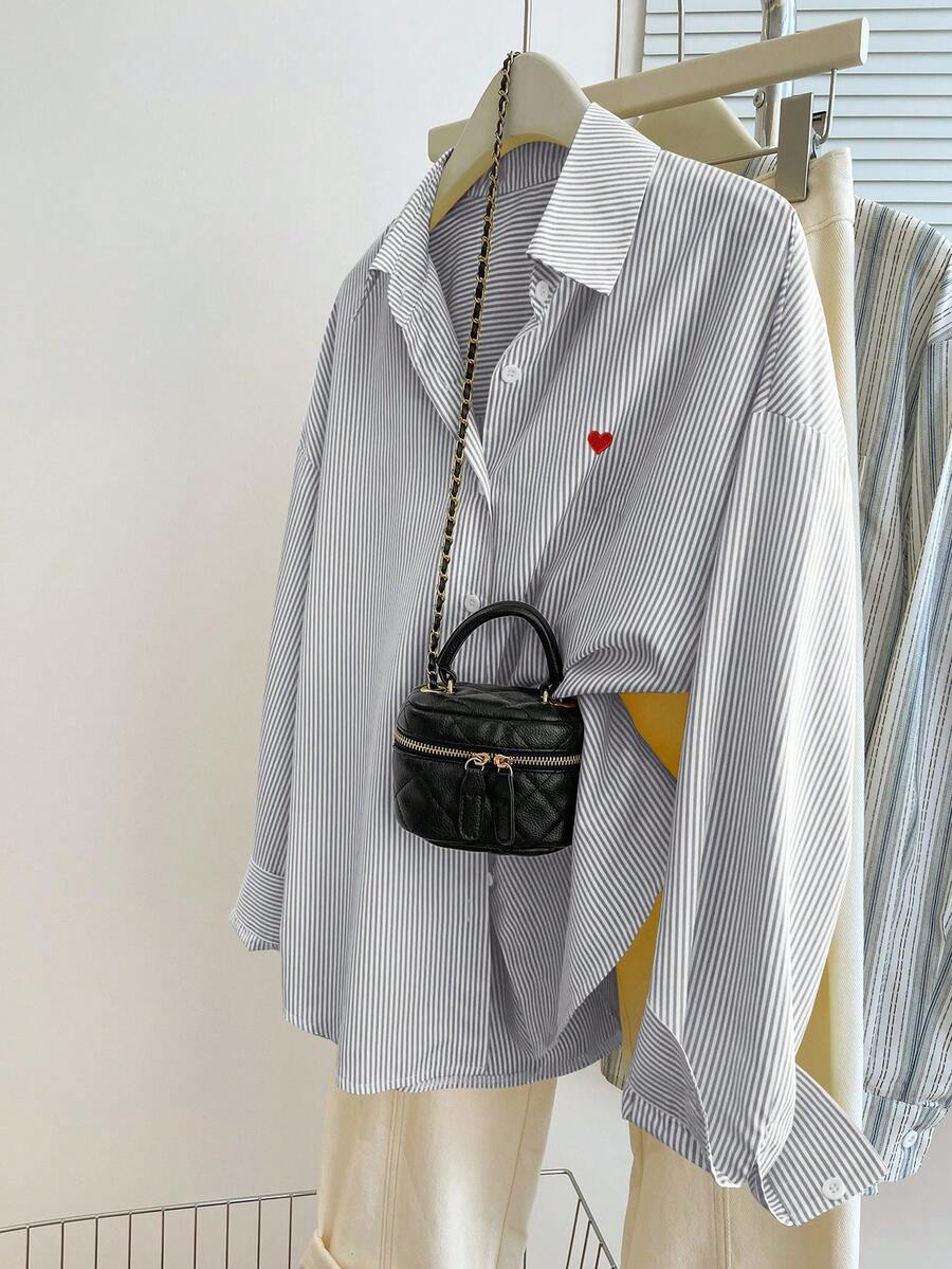 Franclia Women's Heart Embroidery Front Button Long Sleeve Shirt, New For Autumn, Spring & Summer