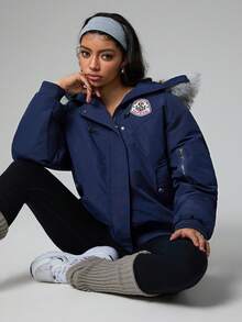 Dewbera Dewbera 男女通用连帽羽绒服，休闲复古冬季外套，加厚夹克，女士运动夹克，女士外套，海军蓝夹克，女士外套，女士户外服装，女士户外服装，女士外套 - 藍色 - 查看 1