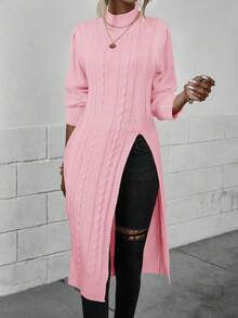 EMERY ROSE Casual Solid Color Stand Collar High Slit Sweater, Autumn/Winter - Baby Pink - View 3
