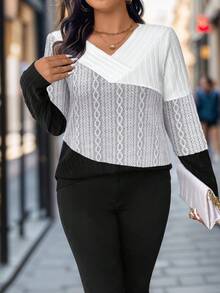 EMERY ROSE Plus Size Women's Tri-Color Casual Minimalist Soft Fleece Pullover Top, Versatile For Commuting, Autumn/Winter - Multicolor - View 5