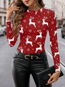 Shutterstock Glamance 圣诞格子长袖女式T恤，冬季圣诞树、雪花、姜饼人、圣诞老人、圣诞帽图案，圣诞礼物，圣诞前夜时尚别致服装系列 - 彩色 - 查看 1