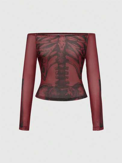 Grunge Punk Top trasparente con stampa scheletro a spalle scoperte sexy