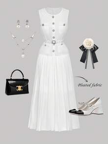 SHEIN MOD Set elegant pentru femei, vestă cu nasturi și strasuri, culoare solidă, și fustă mini plisată, toamnă/iarnă - alb - Vizualizare 1