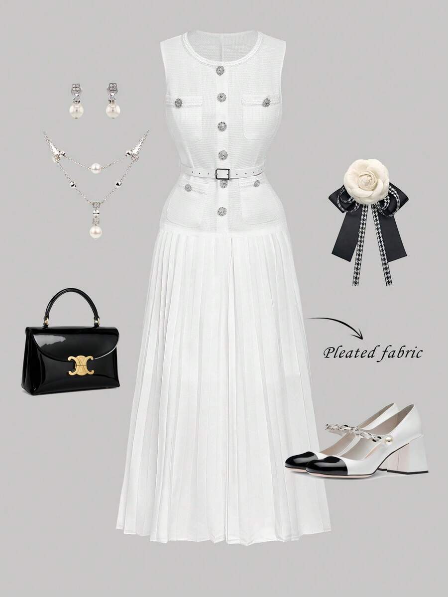 SHEIN MOD Set elegant pentru femei, vestă cu nasturi și strasuri, culoare solidă, și fustă mini plisată, toamnă/iarnă - alb - Vizualizare 1