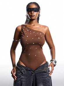 LYSMO Plus Size Women's Sleeveless Casual Bodysuit - Brown - View 5