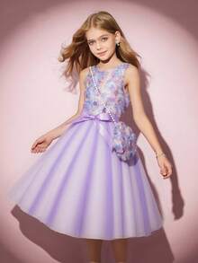 Tween Girls' Floral Printed Sleeveless Mesh Splice Dress With Bag - Purple - View 1