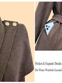 GlowEve 女士优雅束腰裹身大衣，简约纯色长袖超长开衫，适合外出，秋冬季 - 棕色 - 查看 4