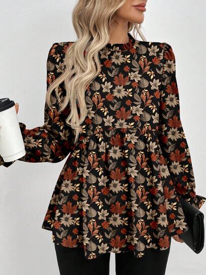 SHEIN LUNE Blusa de mujer de manga larga con estampado de hojas de arce, cuello alto, puños y bajo con volantes, corte evasé, casual, elegante para oficina y exterior, romántica, para otoño e invierno