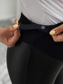 Momance 孕妇高弹力腰PU皮革紧身裤 - 黑色 - 查看 4