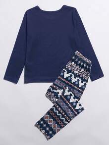 2 件套女童海军蓝简约图案印花舒适睡衣套装，长裤和长袖 - 藏蓝色 - 查看 2
