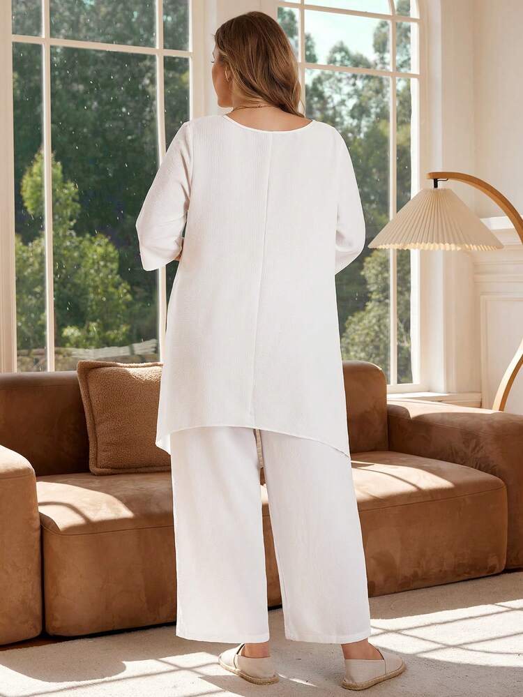 Ensemble ample d'été pour femmes grandes tailles avec poches et pantalon, ensemble en lin blanc casual avec ourlet asymétrique et manches trois-quarts