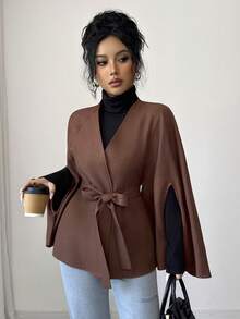 Elenzga Women's Autumn/Winter Casual, Date, Party, Cocktail, Wedding Elegant French Style Loose Woven Twill Brushed Shawl Collar Belted Long Sleeve Regular Jacket, Brown - Brown - View 5