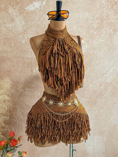 Soleia Minifalda de punto con flecos, de tiro bajo, sexy, para vacaciones, Ibiza, rave, estilo bohemio, escapada, salida nocturna de otoño e invierno, techno