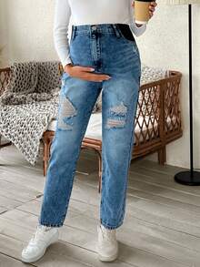 SHEIN Maternity Blue Distressed High Waist Casual Versatile Jeans - Light Wash - View 4