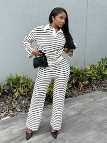 Alexandranx Conjunto de 2 piezas para mujer, camiseta de manga larga con escote en V caída de hombros y rayas, y pantalones a rayas con cintura elástica. Traje de suéter para invierno, otoño/invierno - Blanco y Negro - Ver 4