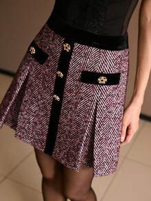 MOTF PREMIUM Chân váy xếp ly nhung tương phản vải tuýt, thu đông - Đỏ - Xem 5