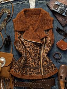 Easelle Chaqueta sin mangas con cremallera y forro térmico con estampado de leopardo, ropa de otoño e invierno para mujeres - Multicolor - Ver 6