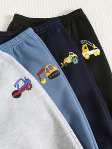 SHEIN 4 件套加厚保暖内衬慢跑裤，男童女童秋冬装，舒适休闲日常服装，简约交通图案，适合室内、户外、日常穿着、运动、派对、拍照、节日、街头服饰