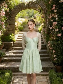 女式花朵蕾丝甜心领喇叭袖荷叶边下摆优雅连衣裙 - 綠色 - 查看 5