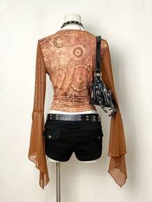 EgrlEra Women's Graphic Print Mesh Fabric Metal Ring Sexy Retro T-Shirt