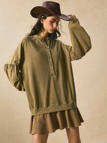 Easelle Vintage Casual Retro Snow Washed Color Block Loose Dress Splicing Retro One-Piece Dress Ladies Autumn Winter - Olive Green - View 7