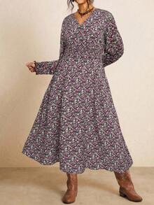 Freevana 大码秋季服装全印花褶皱豹纹长袖连衣裙/秋季连衣裙/秋季女装秋季婚礼宾客连衣裙优雅女士连衣裙商务休闲女士工作连衣裙商务连衣裙 - 中紫紅色 - 查看 5