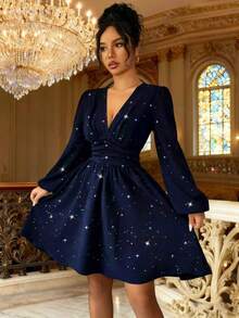 Elenzga 全新 V 领纹理金属前褶腰泡泡袖 A 字形设计休闲迷你连衣裙，适合度假、日常穿着、年轻优雅、秋冬 - 寶藍色 - 查看 8