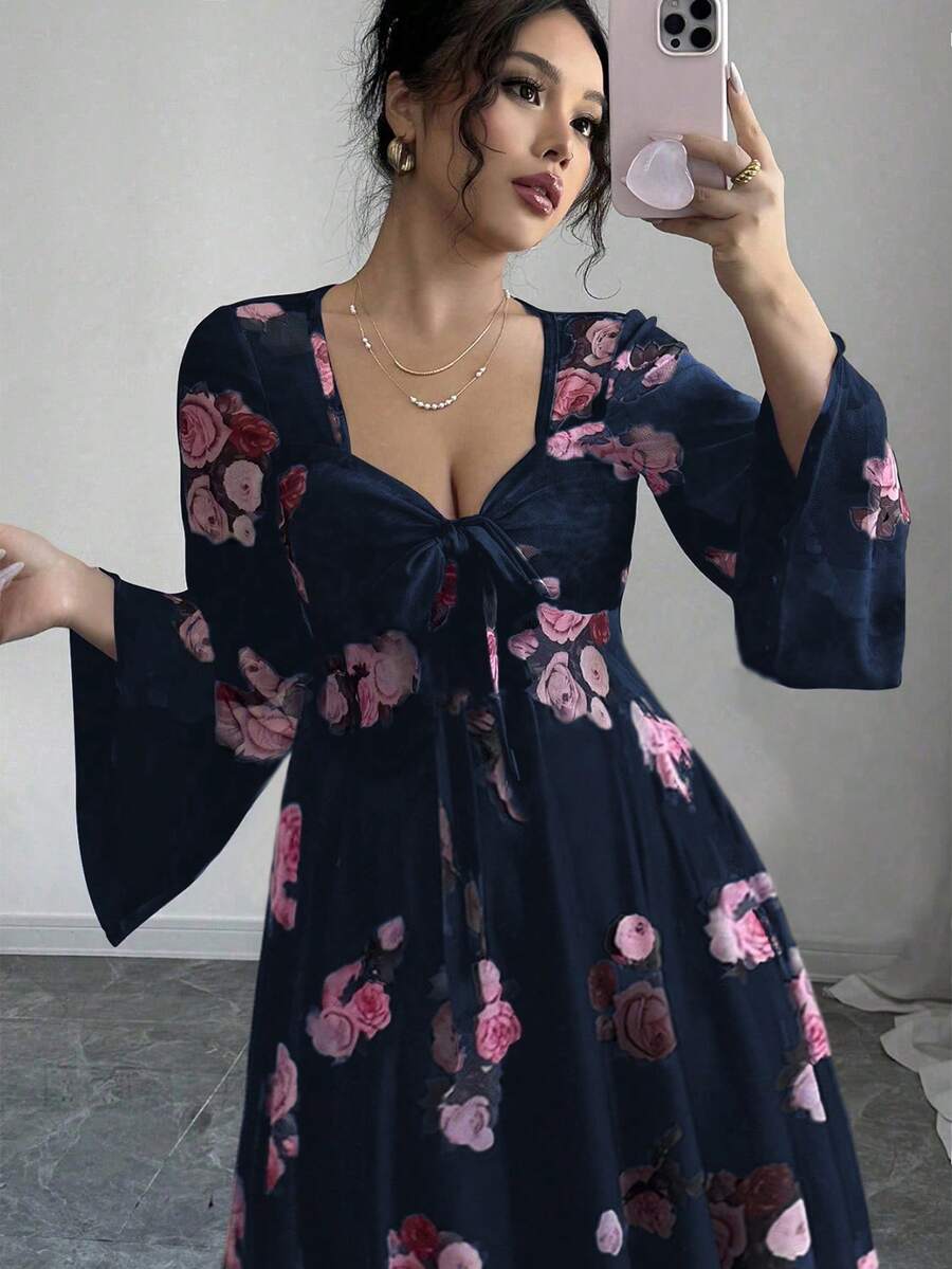 Selianne 女士时尚优雅玫瑰印花甜心领扭结前襟不对称荷叶边下摆弹力网纱喇叭袖度假连衣裙 - 彩色 - 查看 1