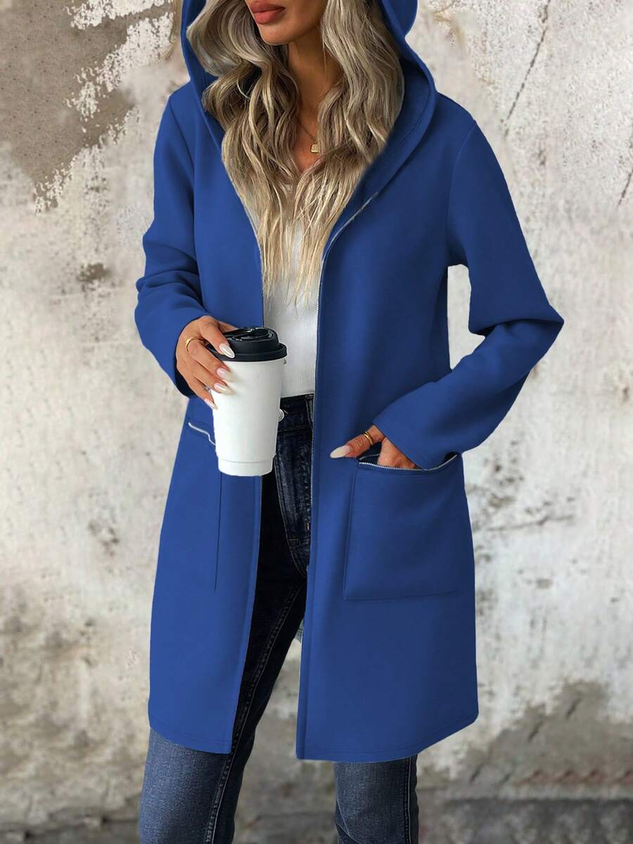 EMERY ROSE Women's Autumn Long Sleeve Hoodie Jacket, Dropped Shoulder, Sweatshirt Material, Zipper Decor, Mid-Length, Casual - Blue - View 1