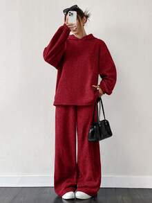 SHEIN EZwear Bộ 2 áo nỉ len dệt kim lót nhiệt cỡ lớn màu đỏ và quần dài ống rộng - Màu Hoa hồng đỏ - Xem 5