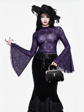 Grunge Punk Top transparent à manches évasées style gothique sombre cathédrale, convient pour Halloween