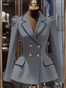 Franclia 通勤时尚百搭束腰双排扣金属纽扣撞色黑色饰边卡其色女式西装外套，优雅春秋季外套，女士商务休闲服装，漂亮女士西装外套 - 灰色 - 查看 3