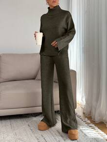 SHEIN Tall Women Relaxed Fit Turtle-Neck Sweater With Rib Knit Detailed And Straight Knit Pant Set - Army Green - View 5