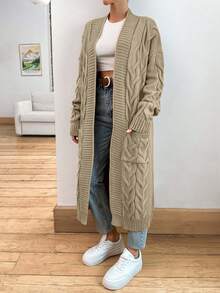 SHEIN 纯色口袋有线休闲百搭长袖开衫 - 米色 - 查看 8