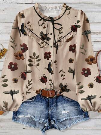 Linhara Plus Size Floral Print Lantern Sleeve Casual Vacation Shirt Fall Cloth For Women