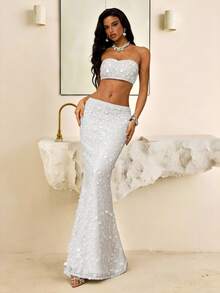 Vowa Modisch, sexy, avantgardistisch, mini, mesh, glänzend, weißes Pailletten-Gewebe, trägerlos, rückenfreie Bindung, Fischschwanz-Saum, schleppend, geeignet für Nachtclub, Party, Urlaub, Cocktailkleid