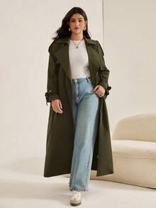 Auralis 大码女式秋冬时尚休闲宽松舒适日常基本百搭经典棕色长款风衣夹克，秋季女装，返校服装，老款女装，秋季外套 - 軍綠色 - 查看 6