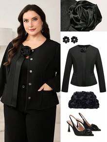 SHEIN Clasi Veste courte élégante et vintage en satin avec roses 3D pour femmes grandes tailles, veste noire, veste fleurie, manteau noir, manteau fleuri, hiver, manteau d'hiver pour femmes, veste d'hiver pour femmes, veste d'hiver pour femmes, confortable automne et hiver pour femmes, automne hiver pour femmes, costume d'Halloween, Noël pour femmes, Nouvel An, top noir, automne hiver 2025, veste blazer décontracté chic - Noir - Voir 8
