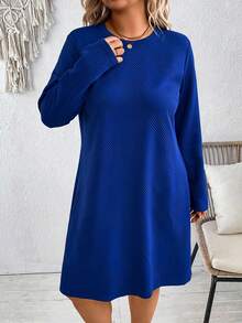 EMERY ROSE 女式加大码纯色海军蓝波浪压花圆领长袖休闲日常连衣裙，秋冬 - 藍色 - 查看 5