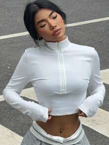 SHEIN EZwear 3 件女式罗纹面料拉链高领长袖 T 恤套装，适合春秋季 - 彩色 - 查看 4