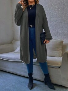 EMERY ROSE 大码女式绿色纯色针织开衫，露肩长袖宽松休闲，适合春秋冬 - 深灰色 - 查看 3